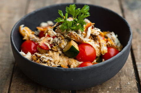 Algerian Humus, Roasted Tomato & Mackerel Salad